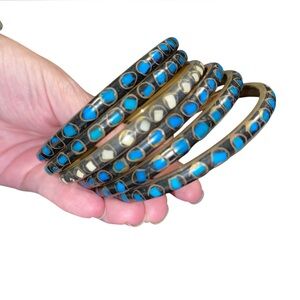 ✨6 Vintage Wooden Bangles with Blue & Natural Mother-of-Pearl Inlay✨